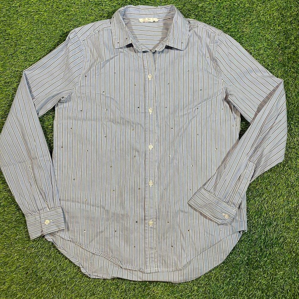 Beach Lunch Lounge women's blue striped button up shirt rhinestone details (XS)